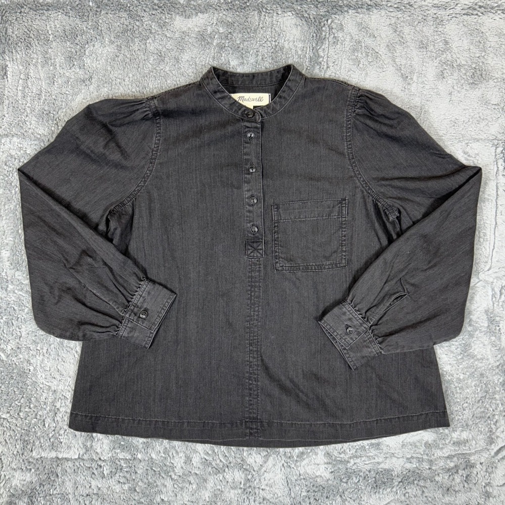 Madewell Womens Black Denim Band Collar Puff Sleeve Button Down Top XS